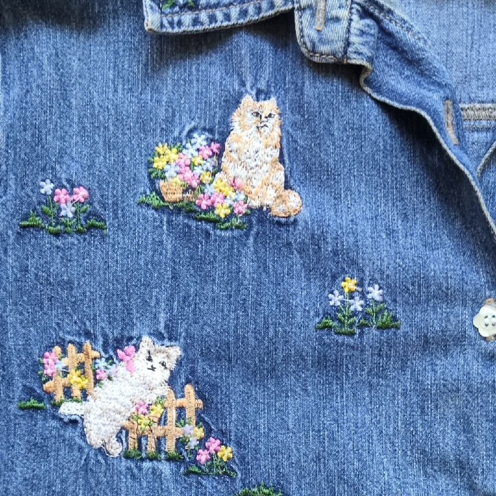 Vtg Kitty Cat Floral Garden Denim Button Down Shirt - Short Sleeve - Solutions M - Picture 3 of 13